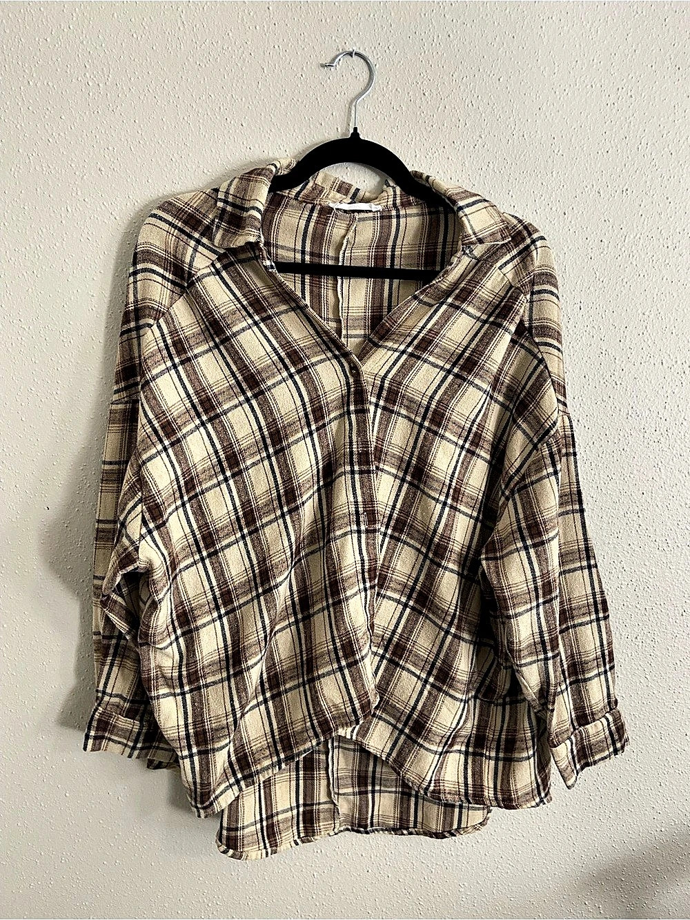 Plaid Button Down Shirt in Cream & Brown Size Small